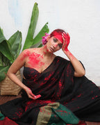 Yogini Black Handwoven Linen Saree - Kaali