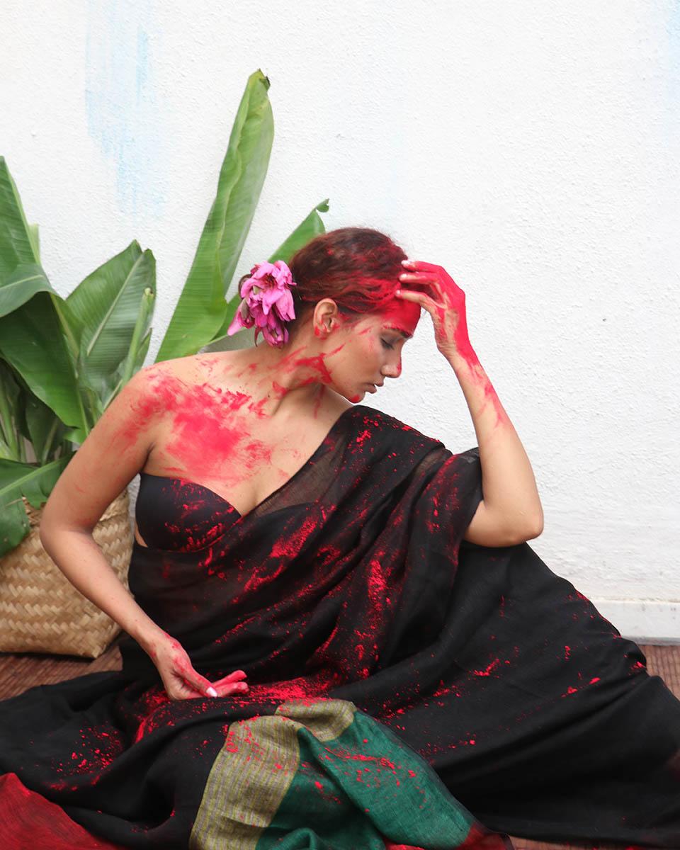 Yogini Black Handwoven Linen Saree - Kaali