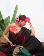 Yogini Black Handwoven Linen Saree - Kaali