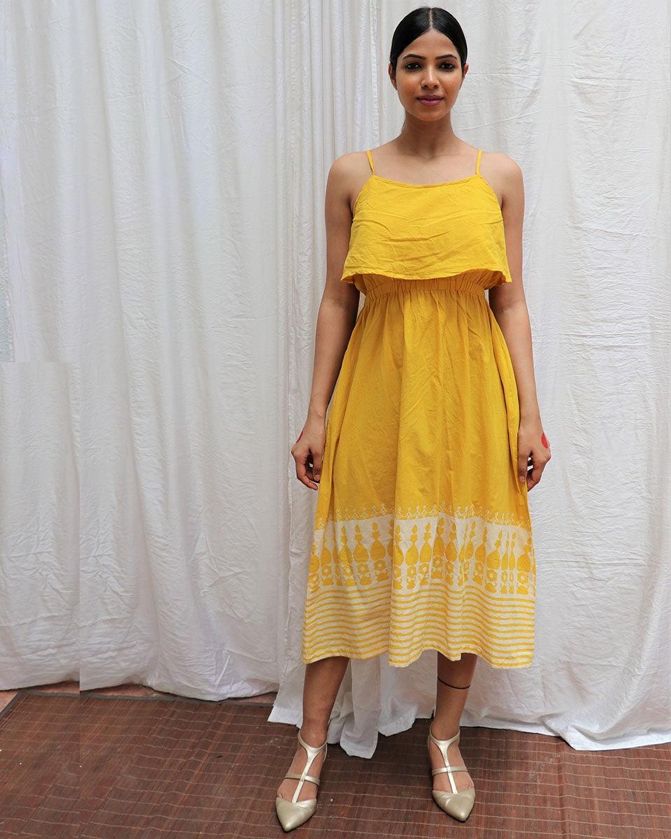 Mimosa Yellow Handblockprinted Cotton Dress-Sor
