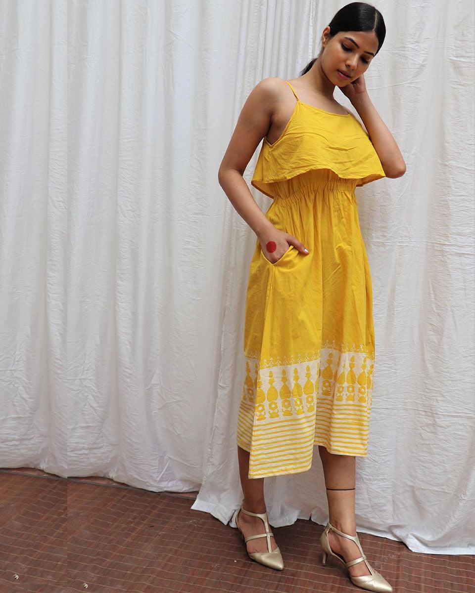 Mimosa Yellow Handblockprinted Cotton Dress-Sor
