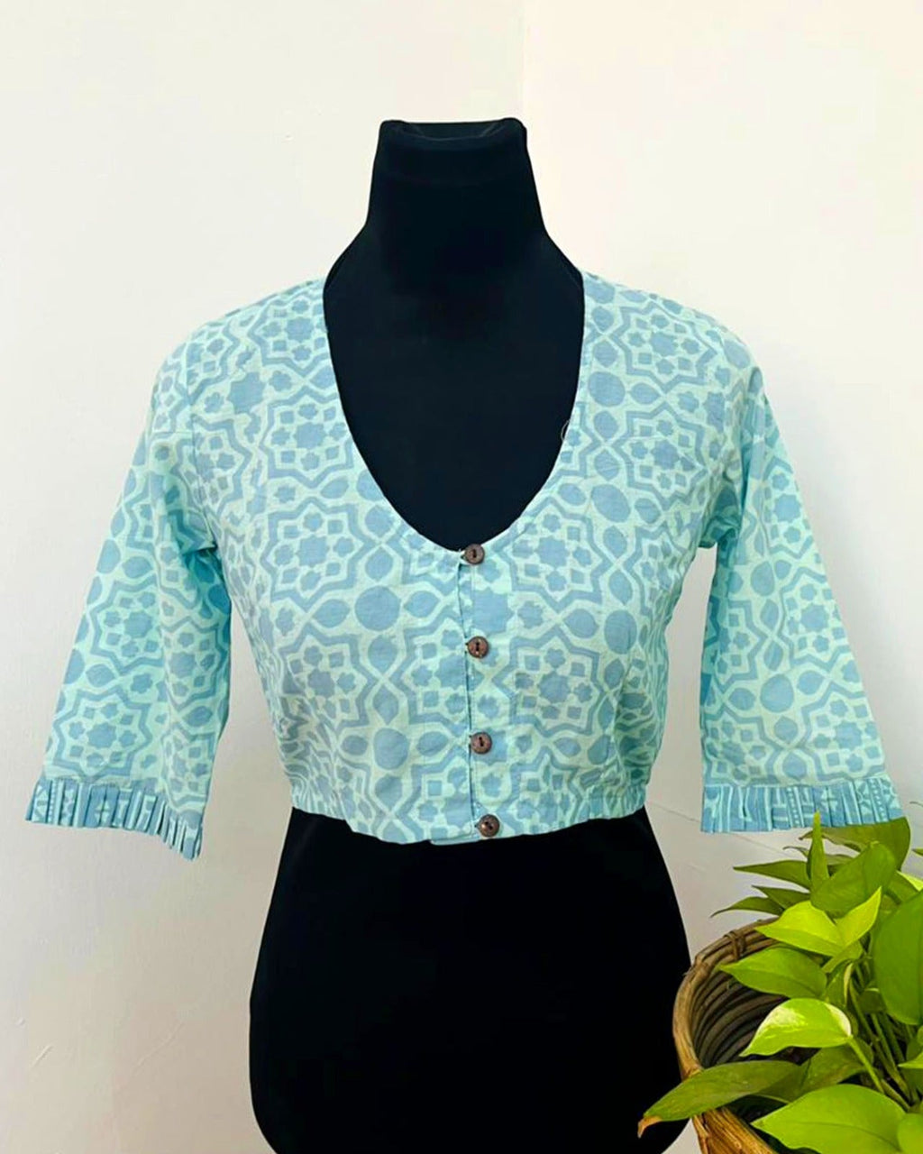 Madhubani Sky Blue Handblock Print Cotton Blouse - Noor
