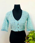 Madhubani Sky Blue Handblock Print Cotton Blouse - Noor