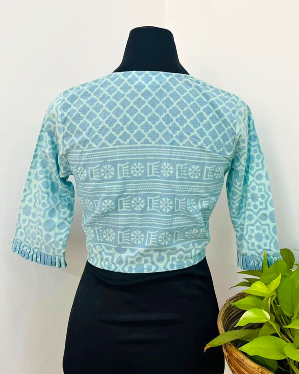 Madhubani Sky Blue Handblock Print Cotton Blouse - Noor
