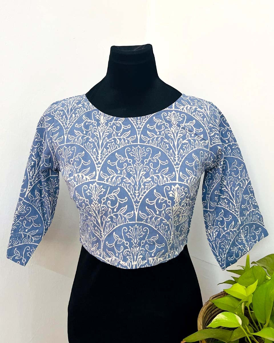 TanaBana Blue Handblock Print Cotton Blouse - Noor