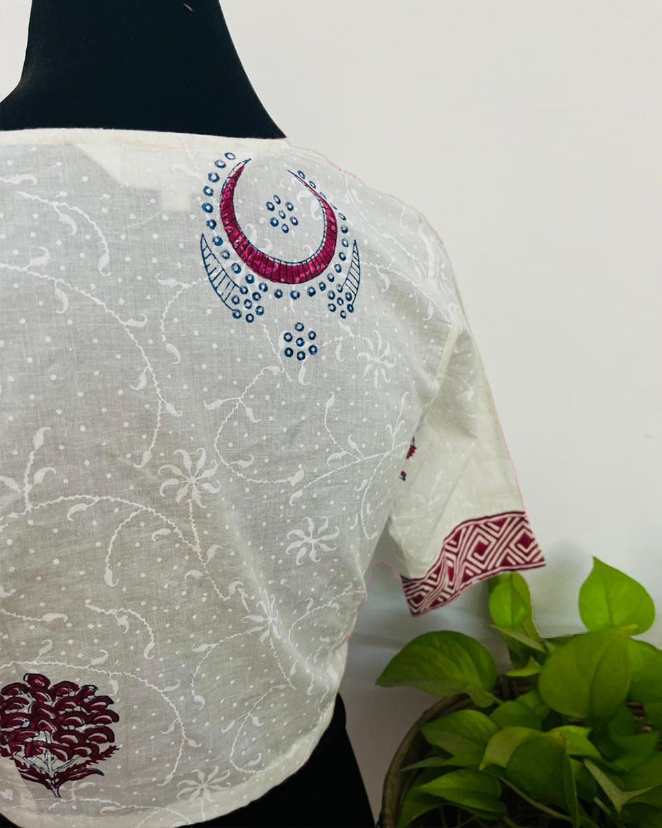 Rangriti White Handblock Print Cotton Blouse - Noor