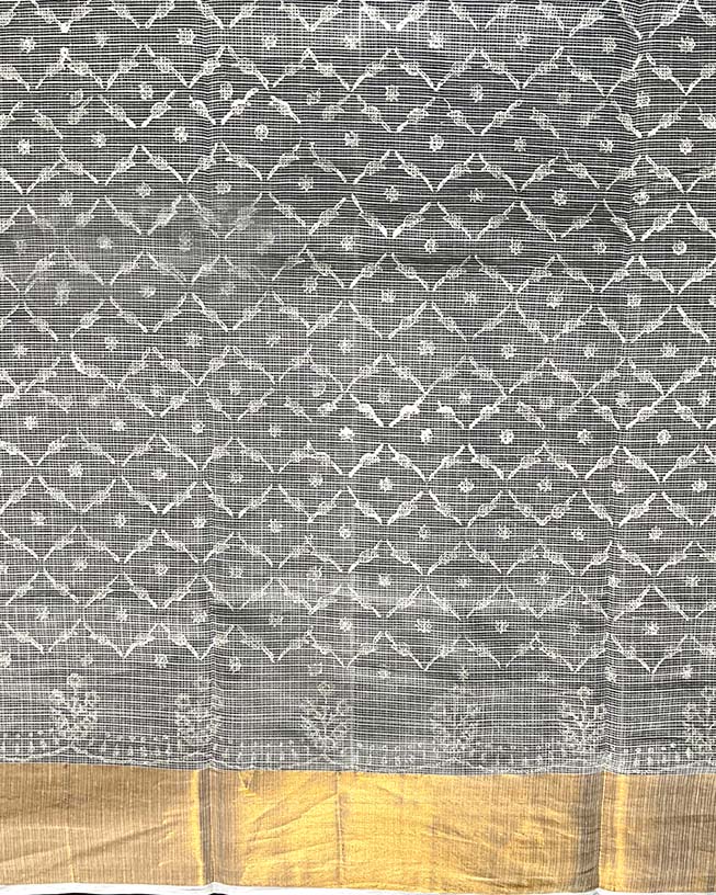Dewbone Kota Doria Ivory Block Printed Saree - SFD