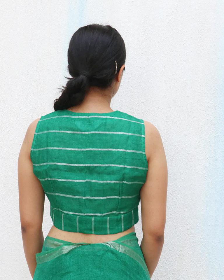 Green Handwoven Linen Zari Blouse - Everyday Beautiful