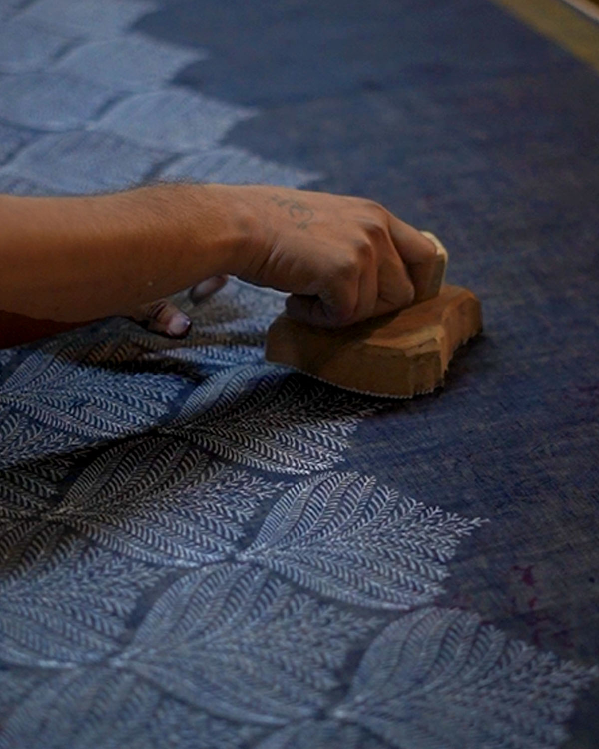 Malhari Blue Handblock Print Linen Saree - INDI