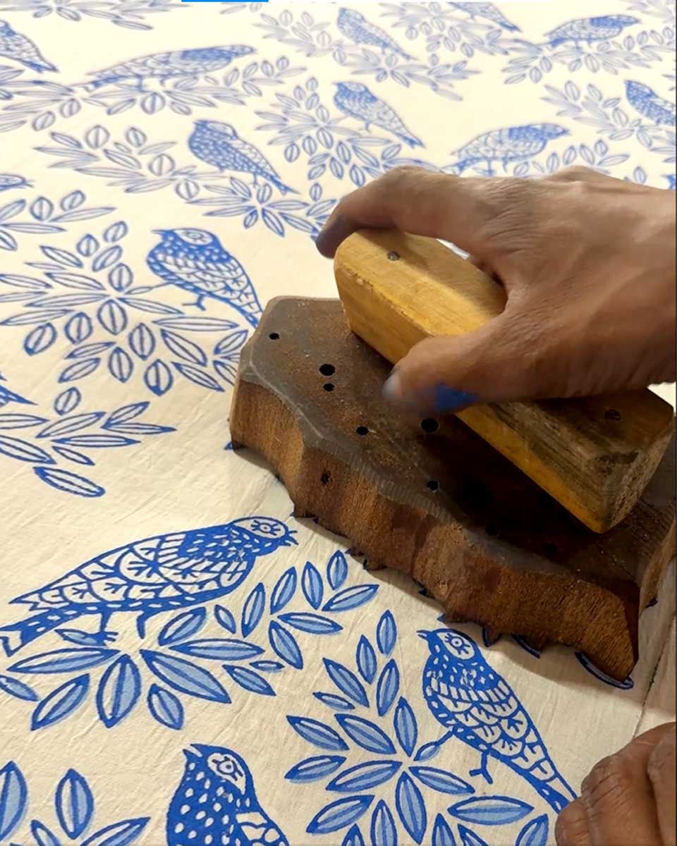 Neyra Ivory Blue Hand Block Printed Dress-BAD