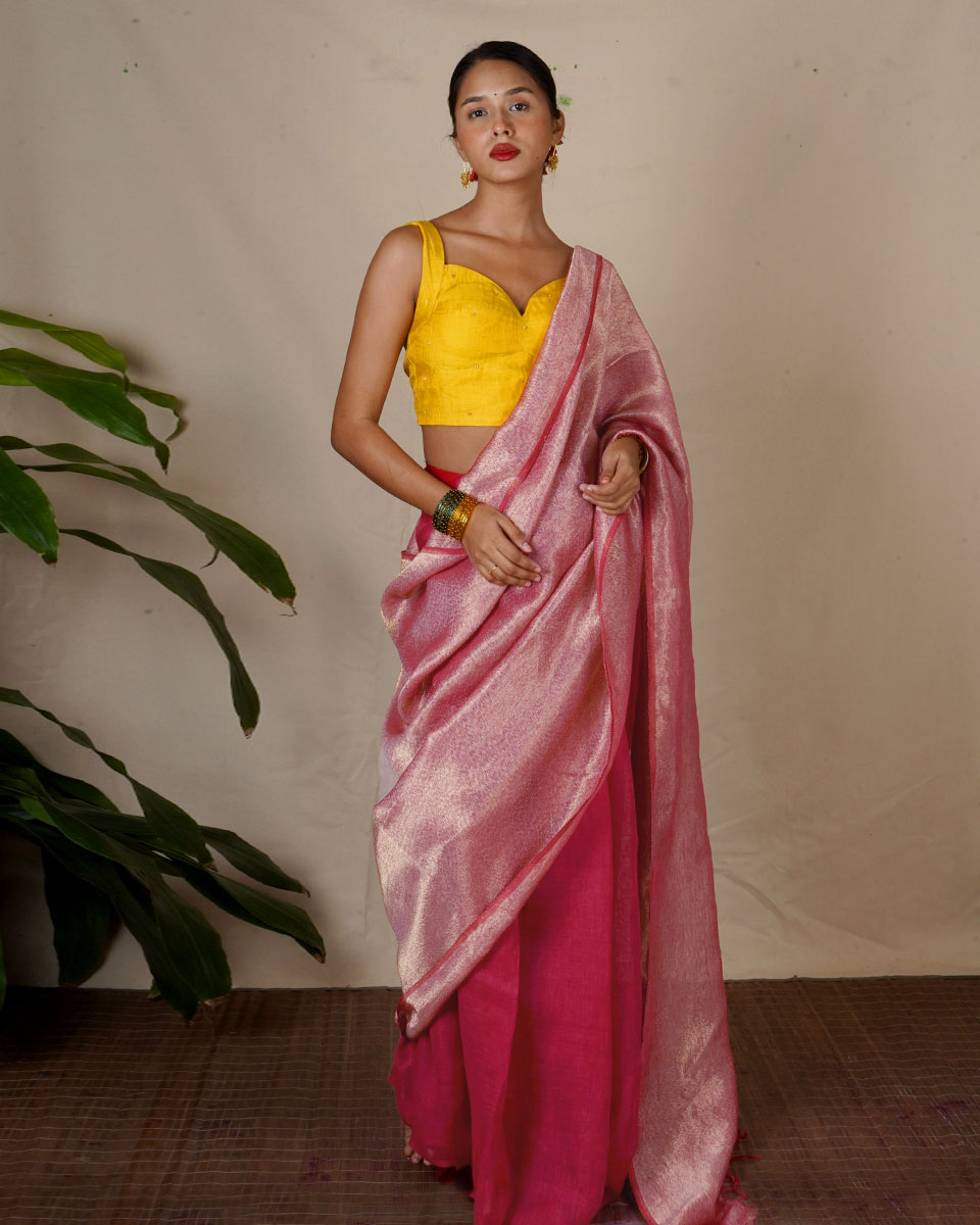 Ojaswee Rani Pink Handwoven Linen Zari Saree - Eknoor