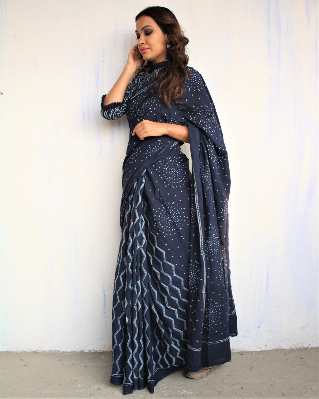 Blue Block Printed Cotton Mul Saree