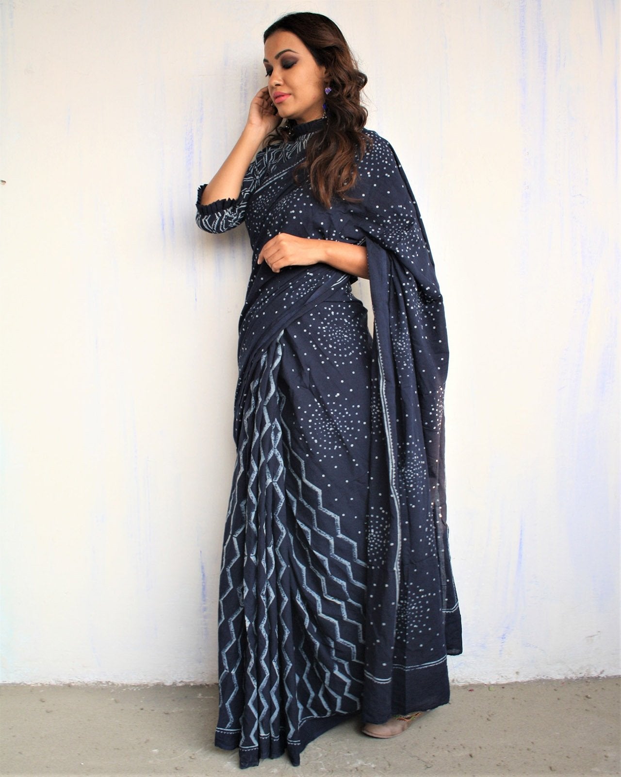 Blue Block Printed Cotton Mul Saree