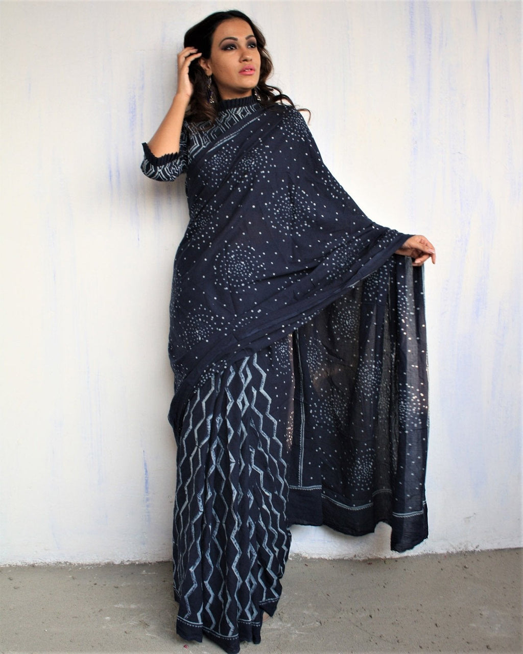 Blue Block Printed Cotton Mul Saree