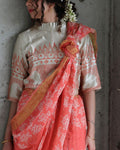 Coral Ivory Back Crop Top Blouse With Frill Neck In Mashru Silk
