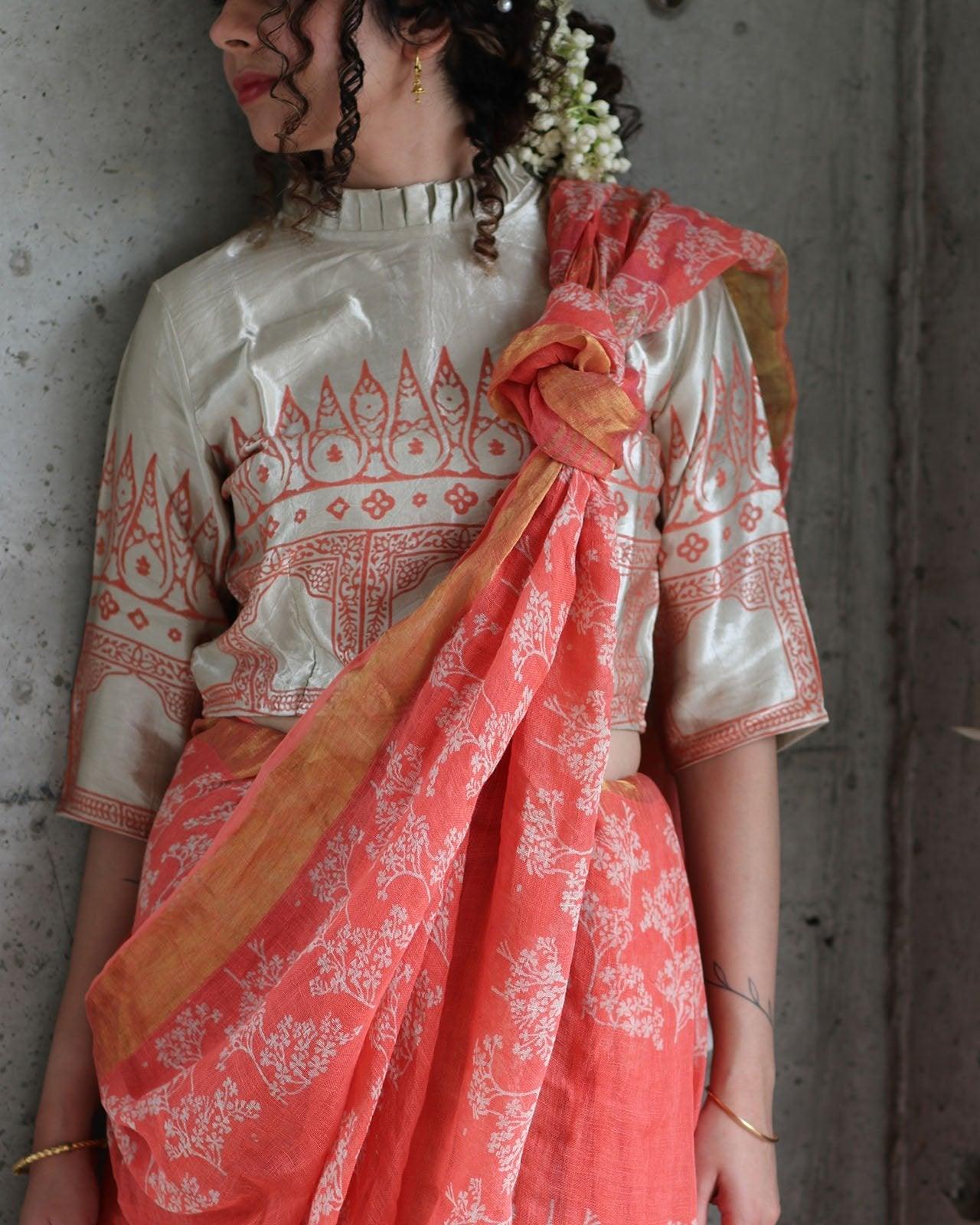 Coral Ivory Back Crop Top Blouse With Frill Neck In Mashru Silk