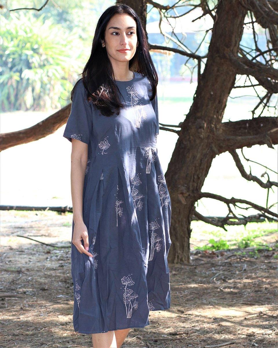 Grey Wildflower Blockprinted Cotton Pleated Dress