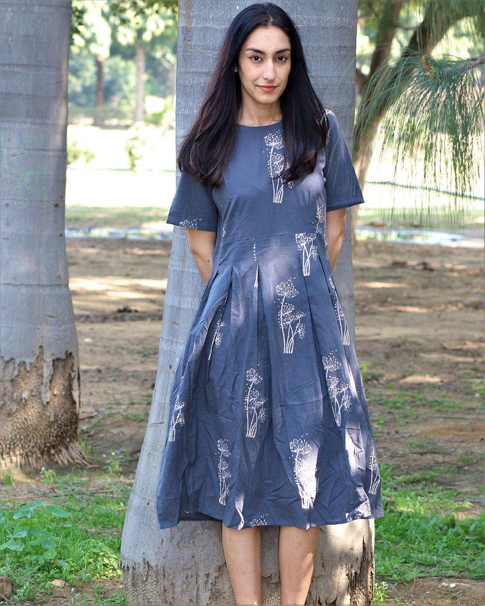 Grey Wildflower Blockprinted Cotton Pleated Dress