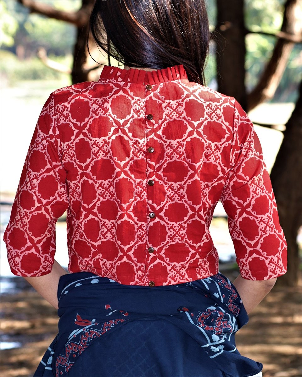 handblockpriinted cotton blouse | cotton blouse | Maroon blouse | Blouse design | Blouse back design | Chidiyaa