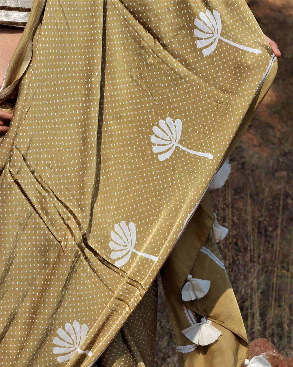 Olive Blockprinted Modal Silk Saree