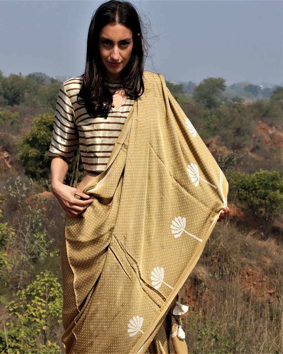 Olive Blockprinted Modal Silk Saree