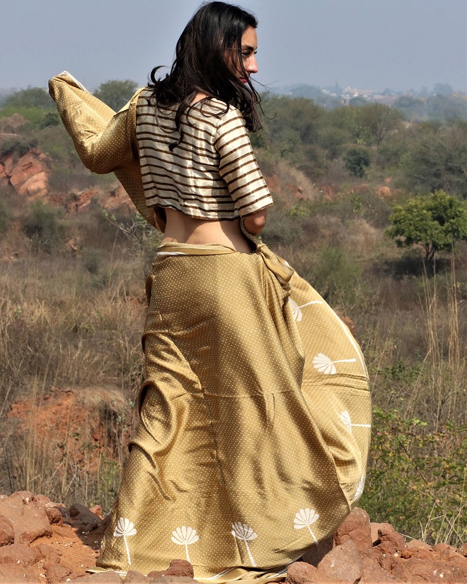 Olive Blockprinted Modal Silk Saree