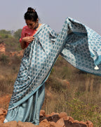 Sea Blue Blockprinted Modal Silk Saree