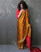 Yellow-Red Blockprinted Modal Silk Saree