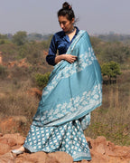 Sea Blue Blockprinted Modal Silk Saree Bel