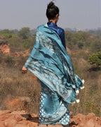 Sea Blue Blockprinted Modal Silk Saree Bel