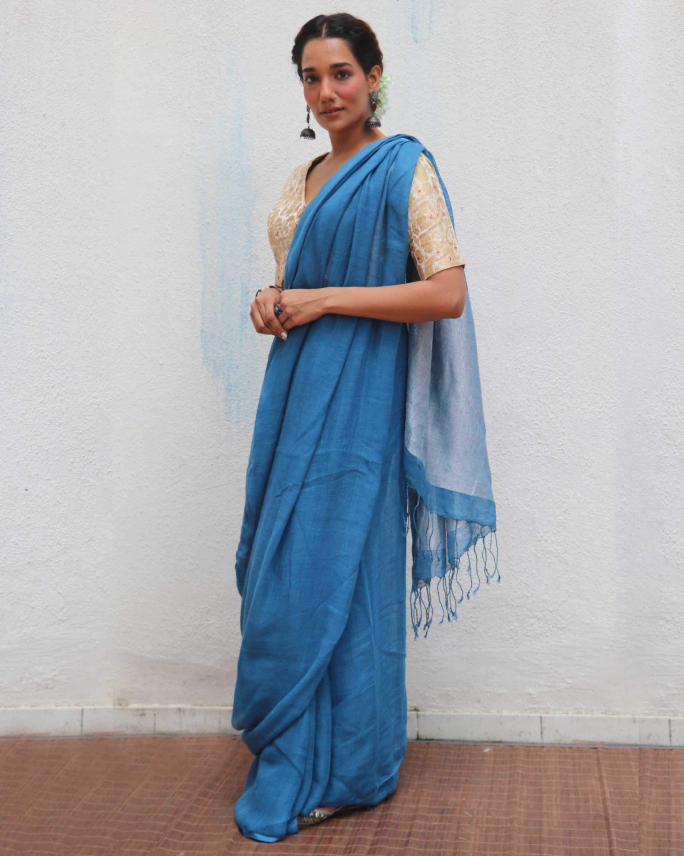 Barkha Blue Handwoven Linen Zari Saree - Jheel