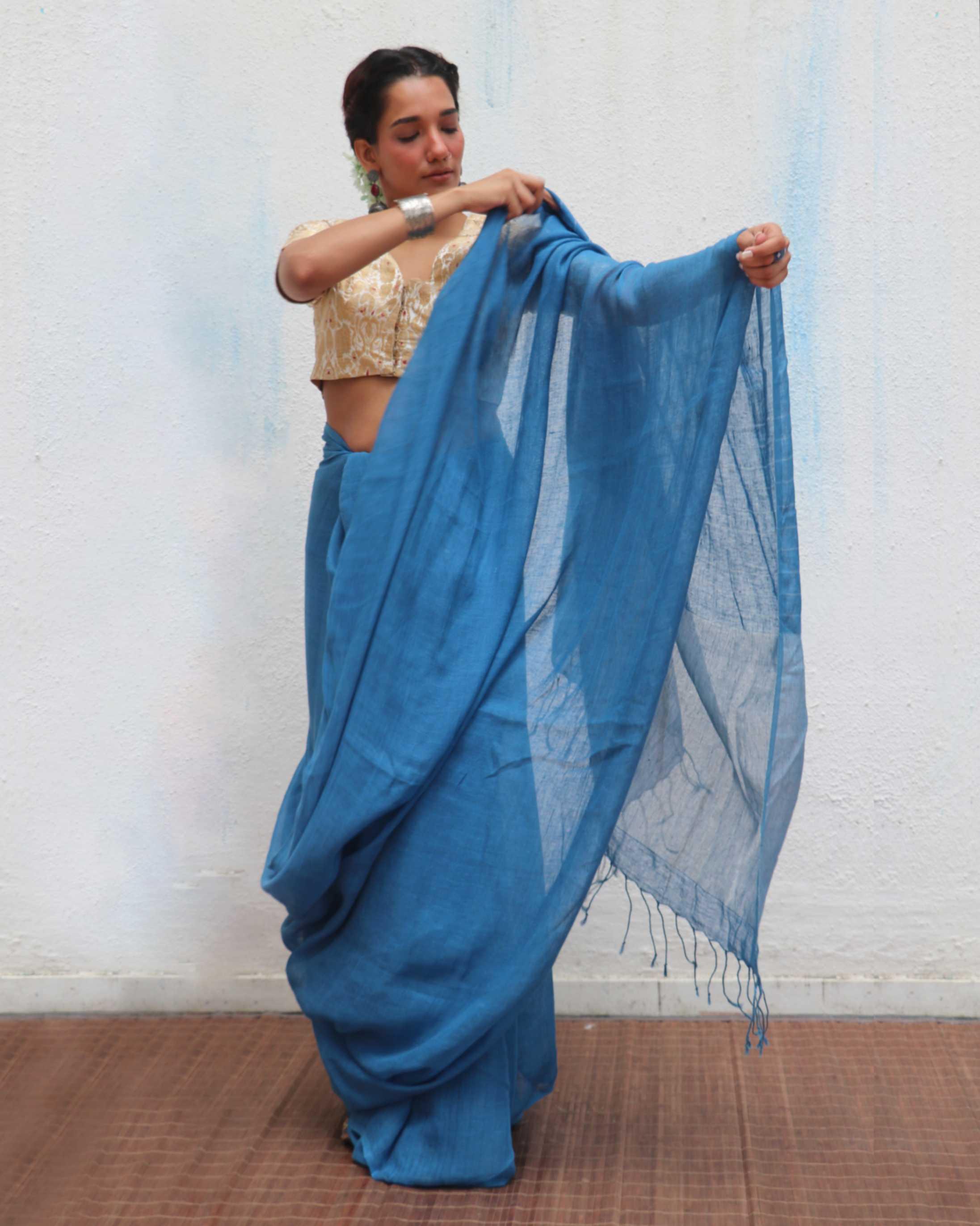 Barkha Blue Handwoven Linen Zari Saree - Jheel