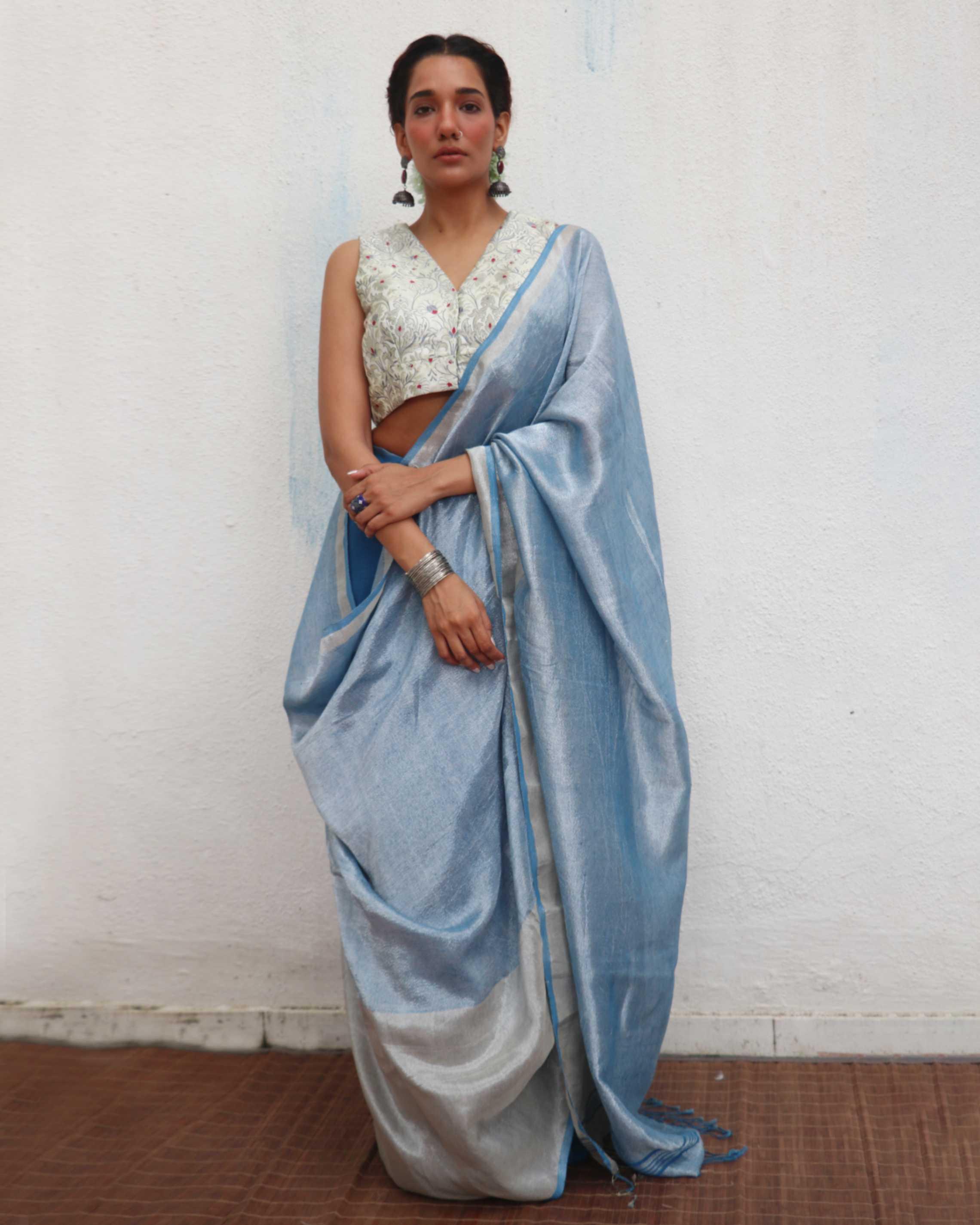 Mazha Blue Handwoven Linen Zari Saree - Jheel