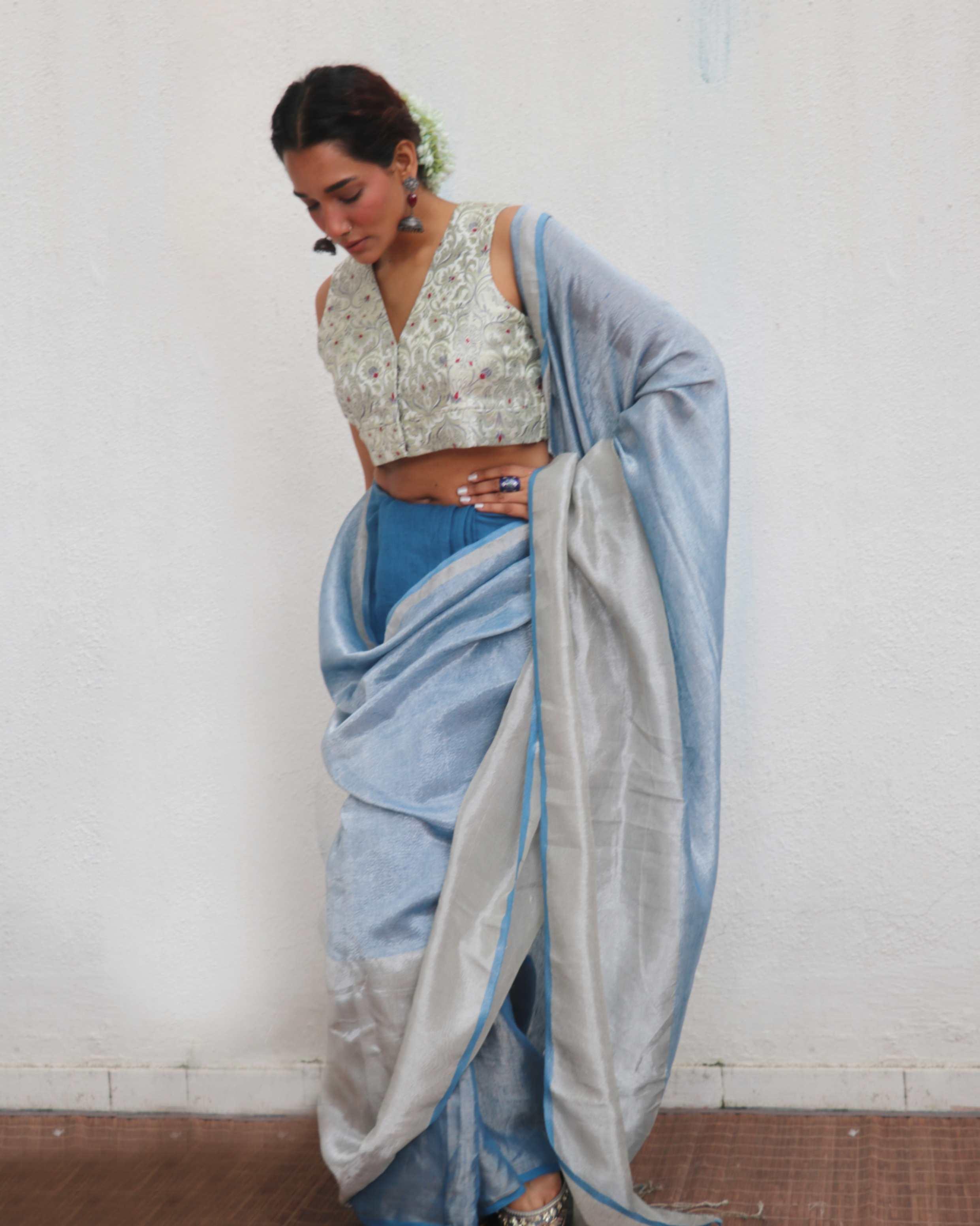 Mazha Blue Handwoven Linen Zari Saree - Jheel