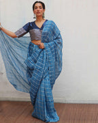 Meen Blue Handwoven Linen Zari Saree - Jheel