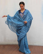 Meen Blue Handwoven Linen Zari Saree - Jheel